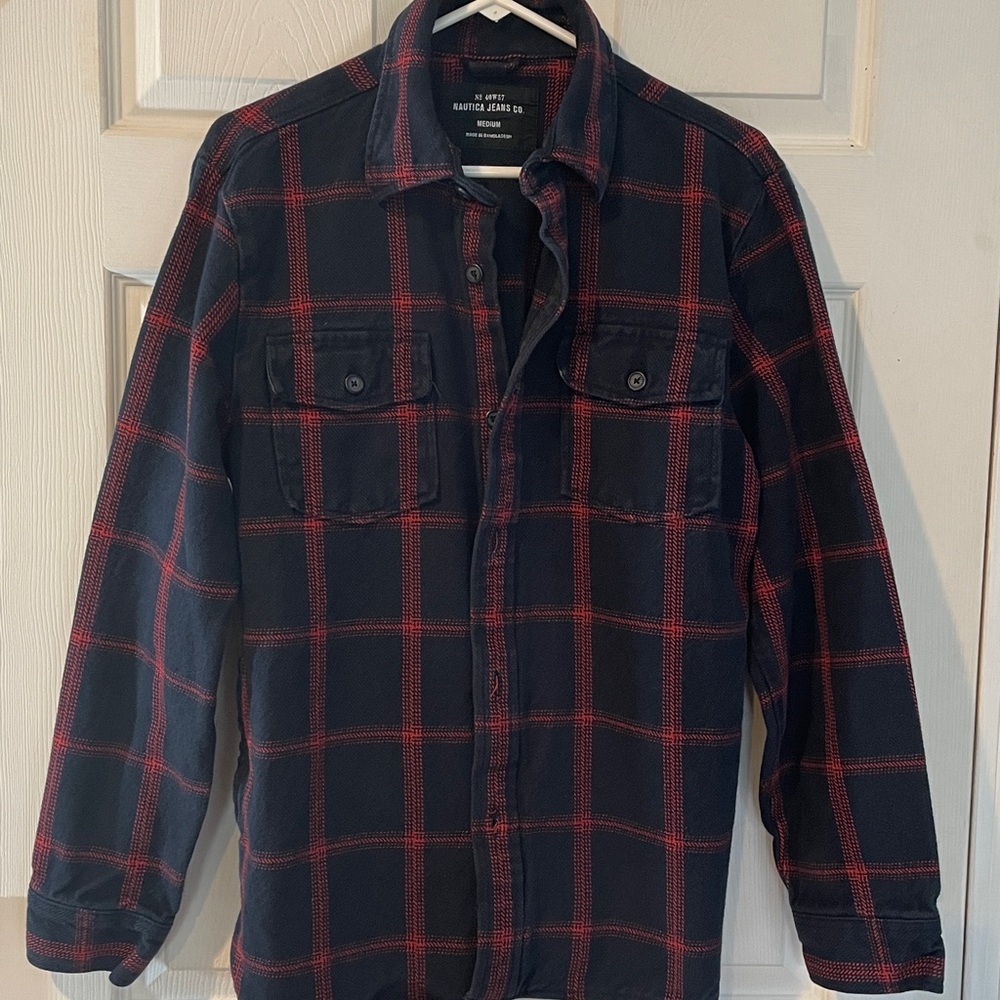 Nautica Jeans Co.Size Medium Red and Black Plaid Button-Up Shirt/Jacket